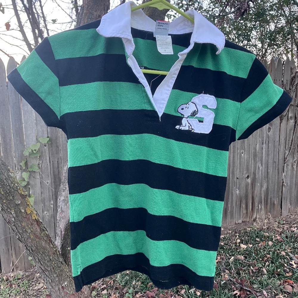 Peanuts Snoopy Distressed Striped Cropped Rugby Shirt with Collar